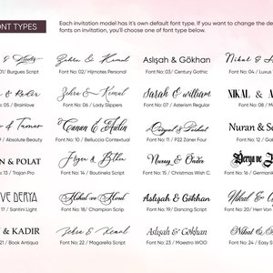 May include: A chart of different font styles with names and numbers. The chart shows examples of different fonts that can be used for wedding invitations.