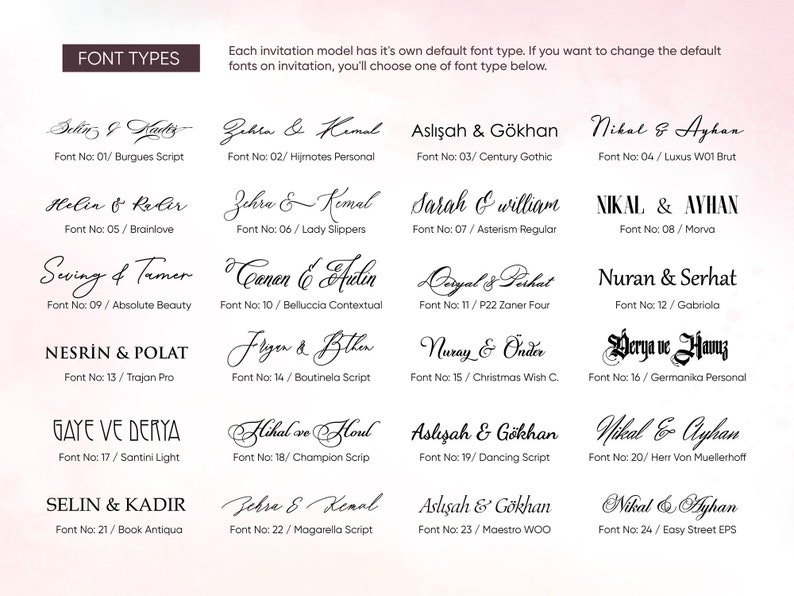 May include: A chart of different font styles with names and numbers. The chart shows examples of different fonts that can be used for wedding invitations.