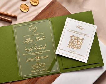 May include: Green wedding invitation with gold lettering, including names, date, and venue details. A separate RSVP card with a QR code is included. The invitation is presented with wax seals.