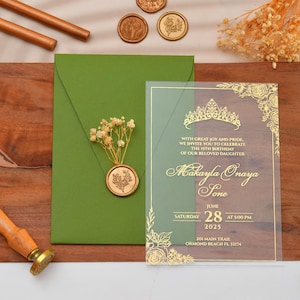 Sage Green Acrylic Quinceanera Invitations, Sweet 16 Invitations, Elegant Acrylic Invitations, Gold Foil Print, Clear Acrylic Invites