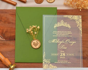 Sage Green Acrylic Quinceanera Invitations, Sweet 16 Invitations, Elegant Acrylic Invitations, Gold Foil Print, Clear Acrylic Invites
