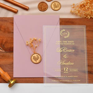 Acrylic wedding invitation with Foil Printing, Save the date Invite acrylic, Real Gold Foil Printed Invites, Clear Transparent Acrylic