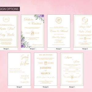 May include: Seven different wedding invitation designs with gold accents and floral details. The designs feature various fonts, layouts, and floral patterns.