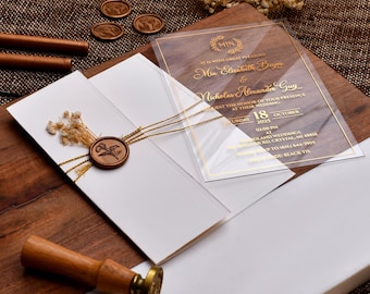 Folded Acrylic Wedding Invitations, Gold Foil Clear Wedding Invitation, Quinceanera Invitations, Custom Invitations, Party Invitations