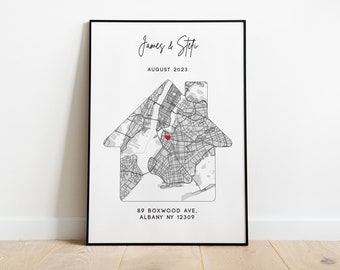 Personalised House warming Gift Home Map Print for Couple, House-shaped New Home Present, Gift for First Home, Personalised House print