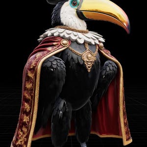 May include: A regal toucan bird figure, adorned in a black hat with a red feather, a red and gold cape, and gold jewelry. The bird has a large yellow and orange beak, and is standing on a black surface.