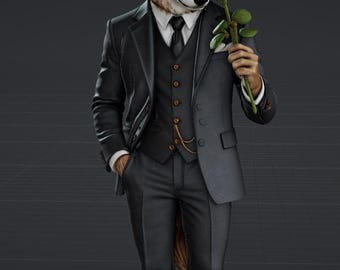 Archivo STL de lobo elegante, figura de animal caballero victoriano, modelo imprimible en 3D, descarga digital.