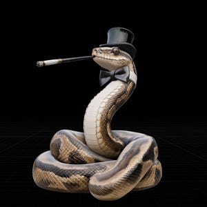 May include: A snake wearing a top hat and bow tie, with a cigarette in its mouth. The snake's body is patterned in brown and tan. The background is black.