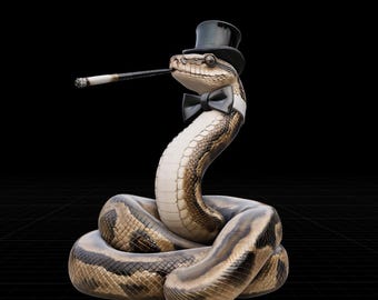 May include: A coiled snake wearing a black top hat and bow tie, with a cigarette in its mouth. The snake has a patterned brown and tan body, set against a black background.