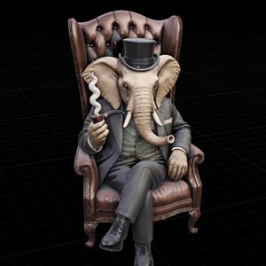 May include: A sculpture of an elephant with a human body, wearing a black suit, top hat, and holding a smoking pipe. The elephant is seated in a brown leather armchair with a tufted back, against a black background.