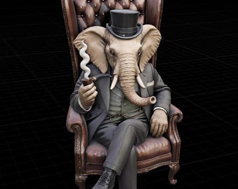 May include: A sculpture of an elephant in a black suit and top hat, seated in a brown leather armchair. The elephant is holding a smoking pipe. The background is black. The armchair has a tufted back.