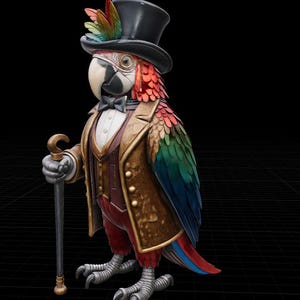 May include: A decorative parrot figurine wearing a black top hat with colorful feathers, a brown tailcoat, a maroon vest, a white shirt, and a black bow tie. The parrot holds a walking cane with a gold handle and has red, green, and blue plumage.