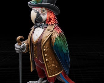Loro elegante STL / Ave con sombrero de copa y pluma / Archivo de impresión 3D de animal