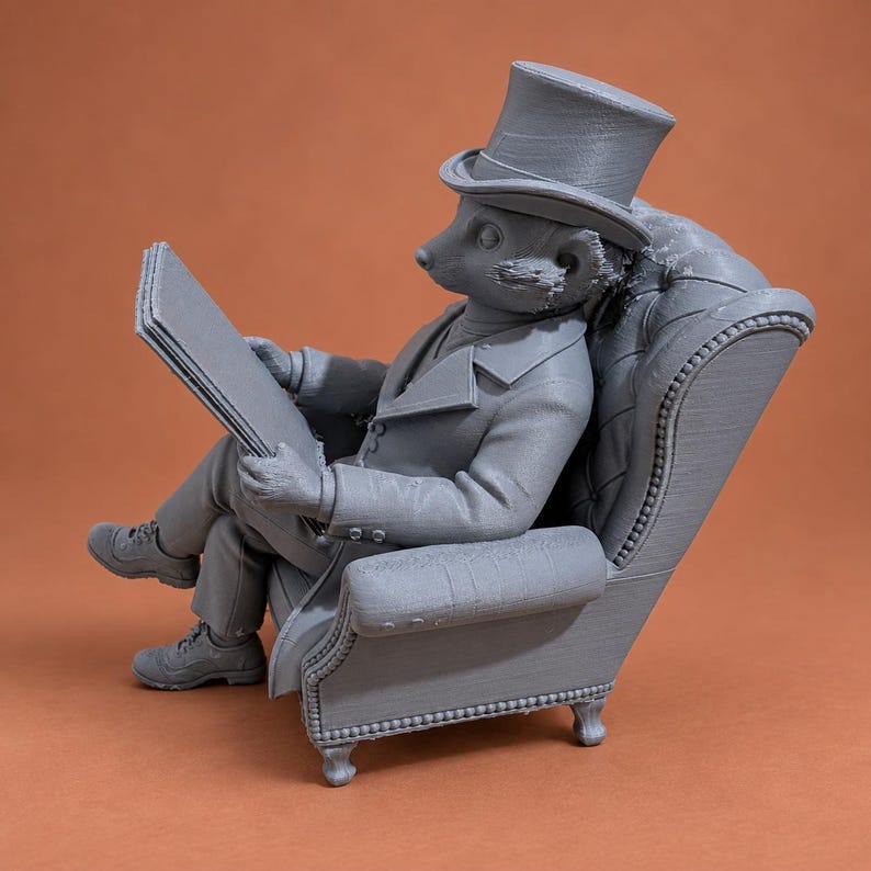 May include: A gray 3D printed figurine of an anthropomorphic meerkat wearing a top hat and a formal suit, sitting in a tufted armchair while holding an open book. The figure is depicted in a seated position with legs crossed, wearing casual shoes.