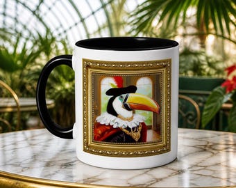 Taza con marco de tucán elegante / Taza de café con retrato de tucán elegante / Taza de arte animal vintage