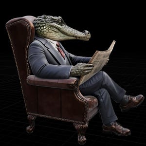 May include: A sculpture of an alligator-headed figure in a dark blue suit, white shirt, and red tie, seated in a brown leather armchair. The figure is reading a newspaper, with brown shoes. The background is black.