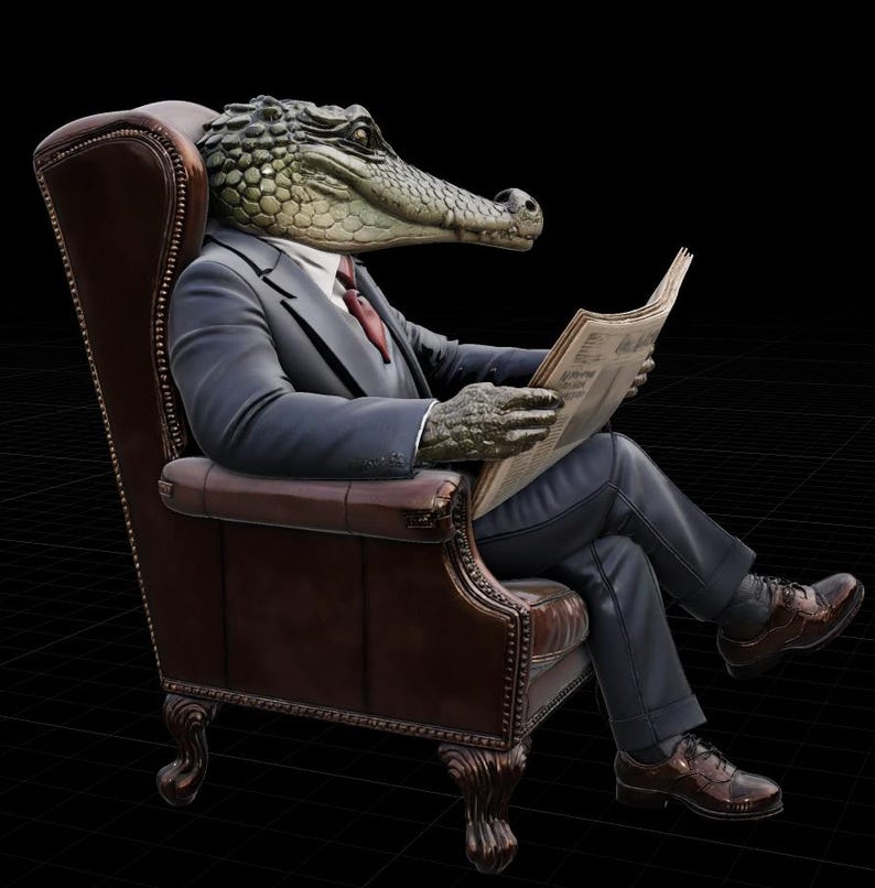 May include: A sculpture of an alligator-headed figure in a dark blue suit, white shirt, and red tie, seated in a brown leather armchair. The figure is reading a newspaper, with brown shoes. The background is black.