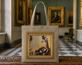 Elegante bolso de mano con estampado de jirafa / Bolso de lona con retrato de jirafa vintage / Divertido bolso reutilizable con diseño de animal de safari