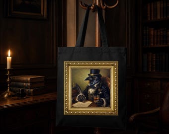 Elegante bolso de mano con forma de cuervo / Bolso de lona con retrato de cuervo vintage / Divertido regalo reutilizable con diseño de animal de granja