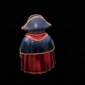 May include: A figurine of a person wearing a tricorn hat, a dark blue cape, and a red robe. The hat has a gold trim. The figurine is viewed from the back, with the head and shoulders visible.