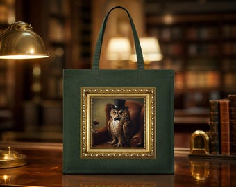 Elegante bolso de mano con forma de búho / Bolso de lona con retrato de búho vintage / Divertido regalo reutilizable con forma de animal