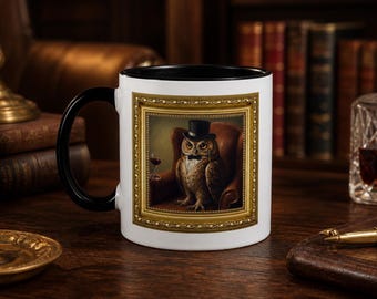 Taza con marco de búho elegante / Taza de café con retrato de búho elegante / Taza de arte animal vintage