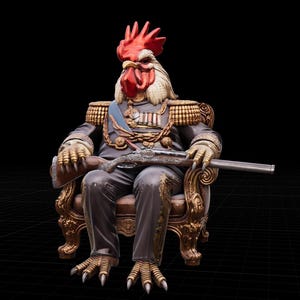 May include: A detailed sculpture of a rooster with a human-like body, wearing a military uniform and seated on a gold ornate chair. The rooster holds a rifle and has a red comb, white feathers, and gold-colored talons.