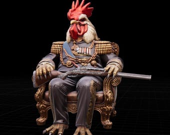 May include: A detailed sculpture of a rooster with a human-like body, wearing a military uniform and seated on a gold ornate chair. The rooster holds a rifle and has a red comb, white feathers, and gold-colored talons.