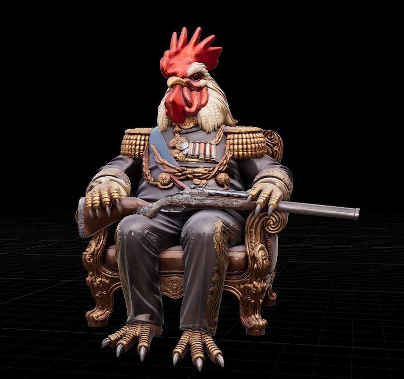May include: A detailed sculpture of a rooster with a human-like body, wearing a military uniform and seated on a gold ornate chair. The rooster holds a rifle and has a red comb, white feathers, and gold-colored talons.