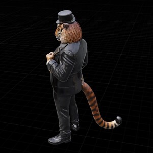 Peut inclure: Figurine d'une figure &agrave; t&ecirc;te de tigre portant un costume noir, des chaussures noires et un chapeau haut de forme noir. Le tigre a une fourrure marron et beige et une queue ray&eacute;e. La figurine est sur une surface noire.