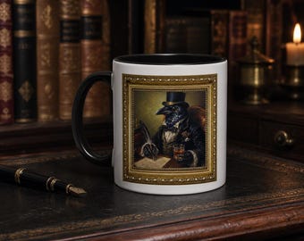 Taza con marco de cuervo elegante / Taza de café con retrato de cuervo elegante / Taza de arte animal vintage