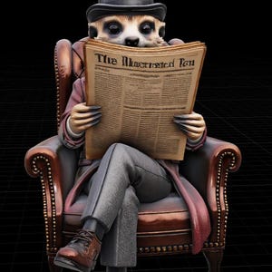 May include: A meerkat figurine wearing a black top hat, a long coat, and brown shoes, sitting in a brown leather armchair. The meerkat is holding a newspaper with the text The Illustrated Ten printed on the front page, with its legs crossed.