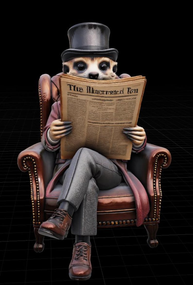 May include: A meerkat figurine wearing a black top hat, a long coat, and brown shoes, sitting in a brown leather armchair. The meerkat is holding a newspaper with the text The Illustrated Ten printed on the front page, with its legs crossed.