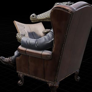 May include: A sculpture of a creature with a crocodile head and human body, seated in a brown leather armchair, reading a newspaper. The chair has ornate carved legs and a high back. The creature wears a dark suit and dress shoes.