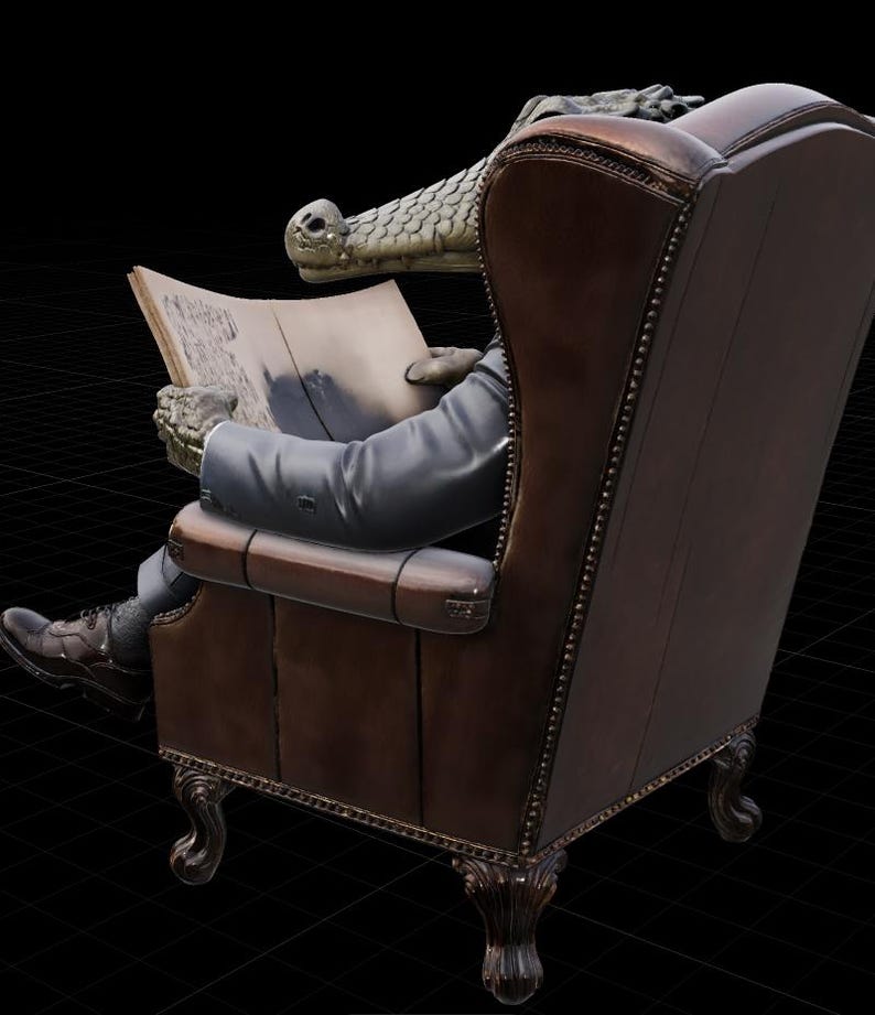 May include: A sculpture of a creature with a crocodile head and human body, seated in a brown leather armchair, reading a newspaper. The chair has ornate carved legs and a high back. The creature wears a dark suit and dress shoes.