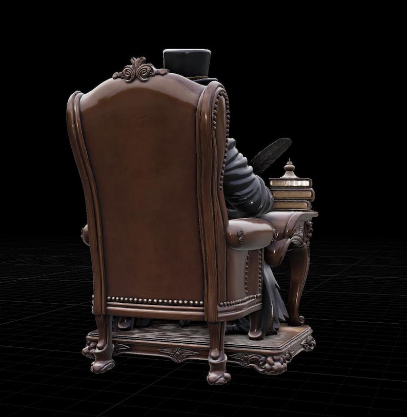 May include: A brown wingback chair with nailhead trim and ornate carved details, featuring a figure in a top hat seated and holding a quill. A small side table with a stack of three books is attached to the chair, all set against a black background.