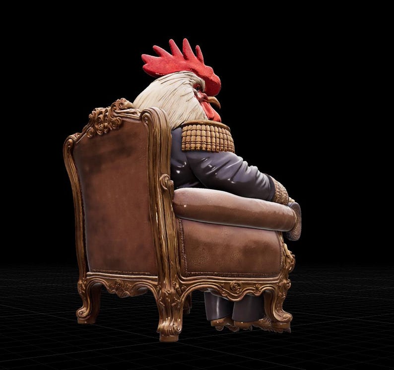 May include: A whimsical sculpture of a rooster with a red comb and wattle, wearing a military-style jacket, seated in a brown ornate armchair. The chair has gold accents and is set against a black background.