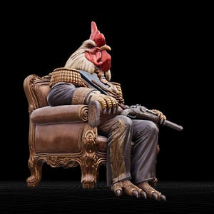 May include: A whimsical sculpture of a rooster with a human-like body, seated in an ornate brown chair. The rooster wears a military-style jacket and holds a rifle. The sculpture has a detailed, textured appearance with a black background.