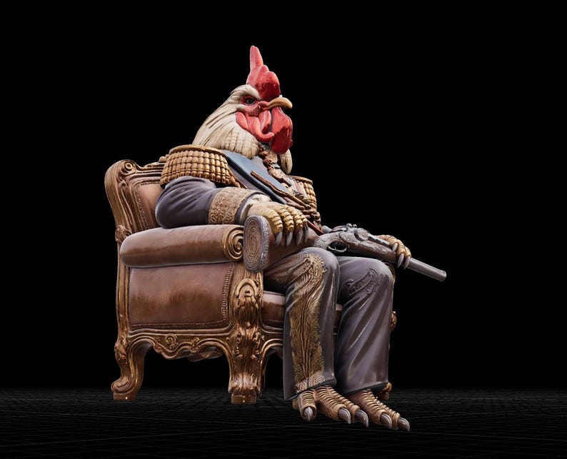 May include: A whimsical sculpture of a rooster with a human-like body, seated in an ornate brown chair. The rooster wears a military-style jacket and holds a rifle. The sculpture has a detailed, textured appearance with a black background.