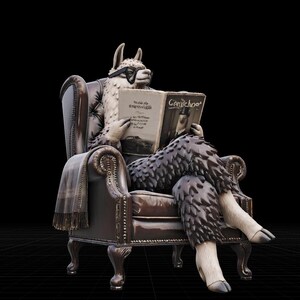 May include: A whimsical sculpture of a llama wearing glasses, seated in a leather armchair, engrossed in a magazine. The llama is draped with a scarf and has detailed fur-like textures. The magazine's title is "Ger&uuml;chto".