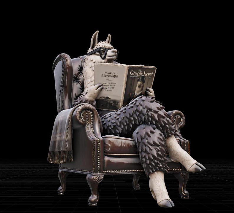 May include: A whimsical sculpture of a llama wearing glasses, seated in a leather armchair, engrossed in a magazine. The llama is draped with a scarf and has detailed fur-like textures. The magazine's title is "Ger&uuml;chto".