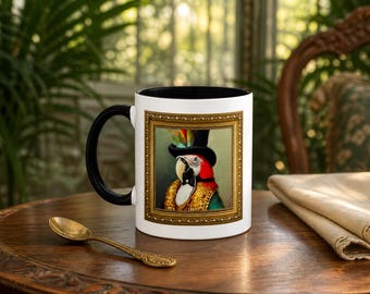 Taza con marco de loro elegante / Taza de café con retrato de loro elegante / Taza de arte animal vintage