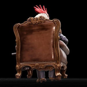 May include: A figurine of a rooster with a red comb and white feathers, seated in a brown leather armchair with ornate gold trim. The rooster is wearing a suit and pants. The background is black.