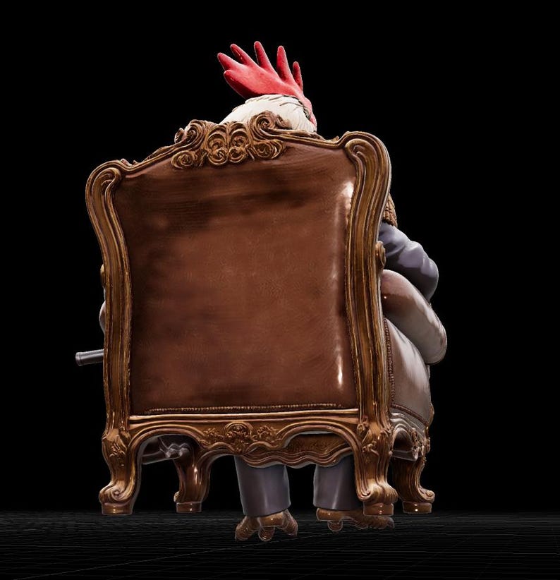 May include: A figurine of a rooster with a red comb and white feathers, seated in a brown leather armchair with ornate gold trim. The rooster is wearing a suit and pants. The background is black.