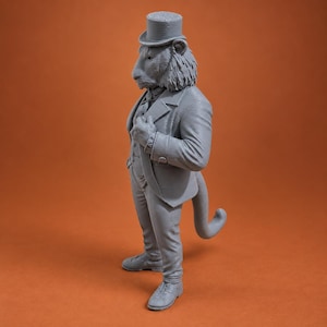 May include: A gray monochromatic figurine of an anthropomorphic lion standing upright. The lion wears a formal suit, a vest, and a top hat. The figure features a textured mane, a long tail, and detailed lace-up shoes, captured in a side profile view.