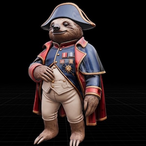 May include: A whimsical figurine of a sloth dressed in a Napoleonic-style military uniform. The sloth wears a blue bicorne hat, a navy blue coat with red trim, and white breeches. The uniform is adorned with medals and gold accents.