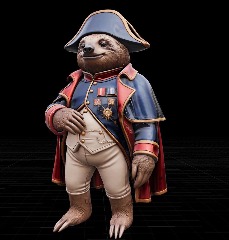 May include: A whimsical figurine of a sloth dressed in a Napoleonic-style military uniform. The sloth wears a blue bicorne hat, a navy blue coat with red trim, and white breeches. The uniform is adorned with medals and gold accents.