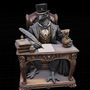 May include: A bronze-toned figurine of a crow dressed in a formal suit, top hat, and monocle, seated at an ornate desk. The crow holds a quill pen over a piece of paper, with a stack of books, an inkwell, and a small potted plant on the desk.