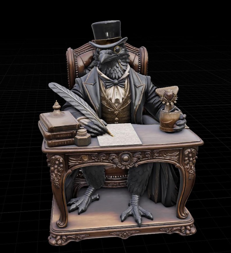 May include: A bronze-toned figurine of a crow dressed in a formal suit, top hat, and monocle, seated at an ornate desk. The crow holds a quill pen over a piece of paper, with a stack of books, an inkwell, and a small potted plant on the desk.