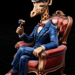 May include: A dapper giraffe figure wearing a blue suit, bow tie, and top hat, seated in a red leather armchair. The giraffe holds a pair of binoculars. The background is black.